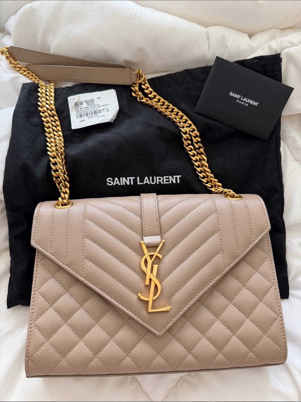 Saint Laurent Nude Quilted Leather Shoulder Bag with Gold Chain
